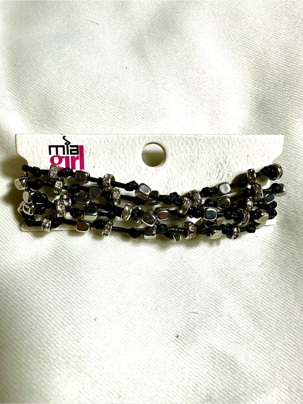 M54. Mia Girl Black Cord Silver Rhinestone Multi Strand Bracelet Adjustable NWT